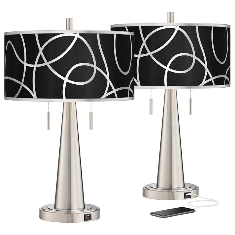 Image 1 Abstract Silver Metallic Vicki Nickel USB Table Lamps Set of 2