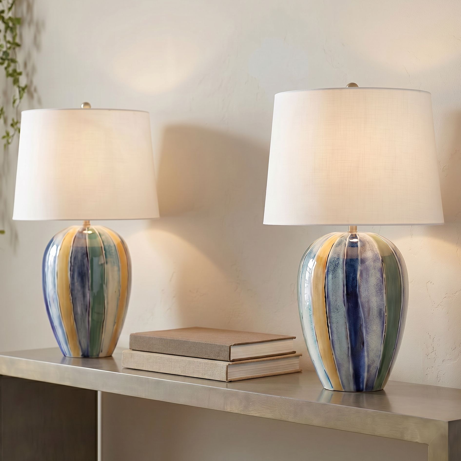 Image 1 Orion 23"H Green Blue Yellow Multi-Color Ceramic Table Lamp Set of 2 in scene
