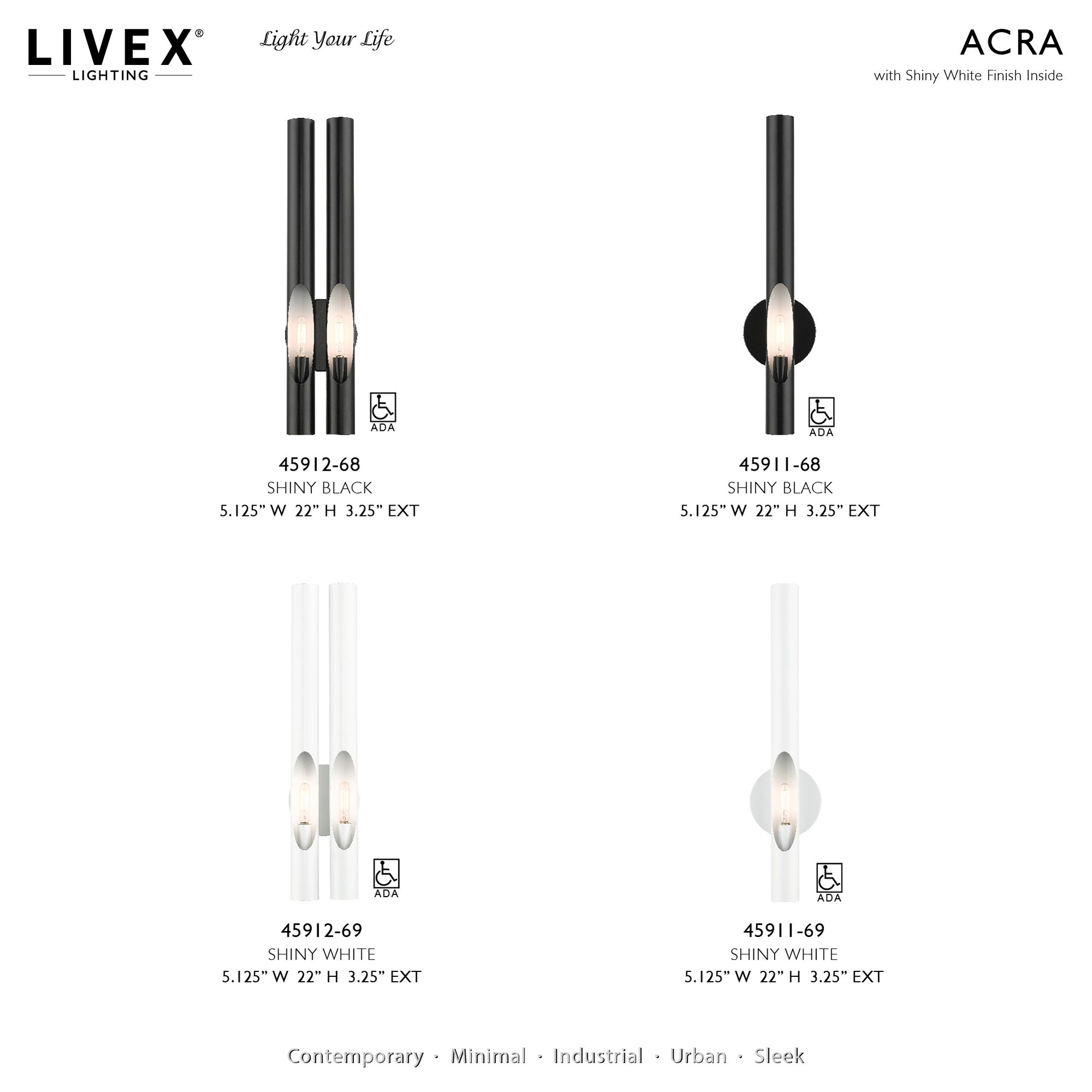 Acra 1 Light Shiny Black ADA Single Sconce