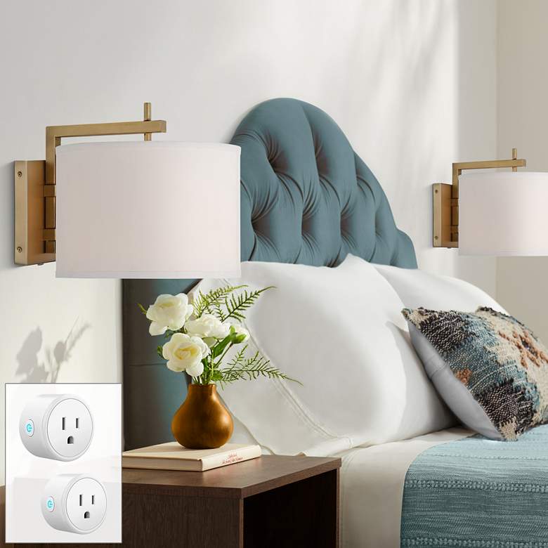 Image 1 Adair Warm Brass Plug-In Wall Lamps Set of 2 w/ Smart Socket