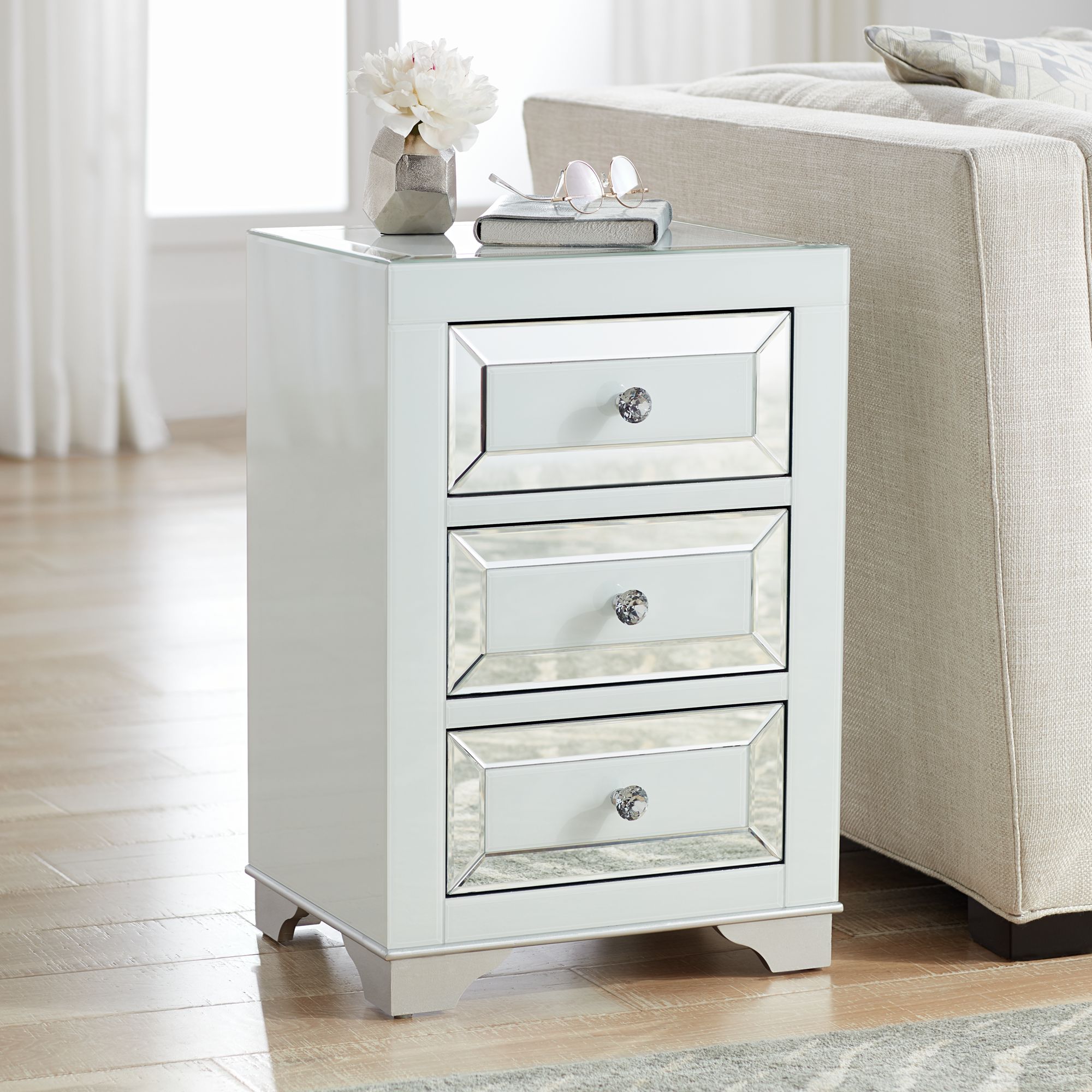 white mirrored night stand