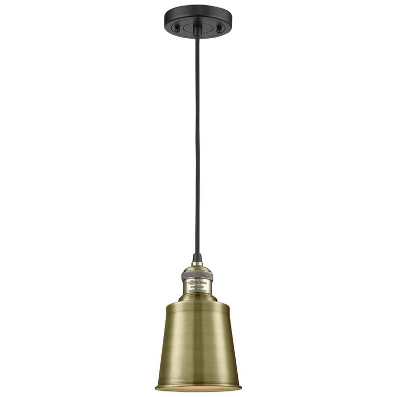 Image 1 Addison 5"W Black Brass Corded Mini Pendant w/ Antique Brass Shade