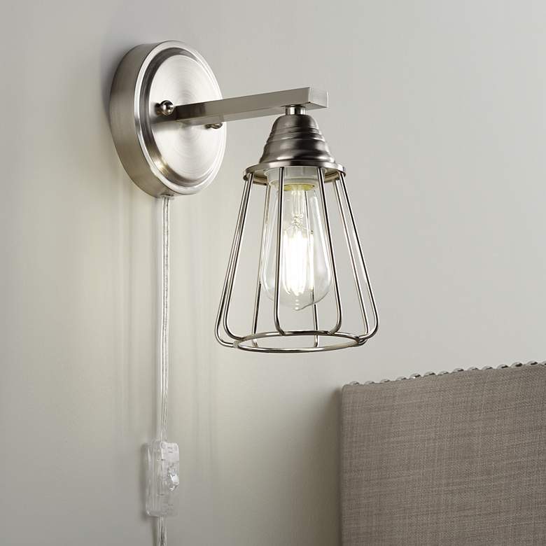 Image 1 Adelaide Brushed Nickel Cage Plug-In Wall Lamp