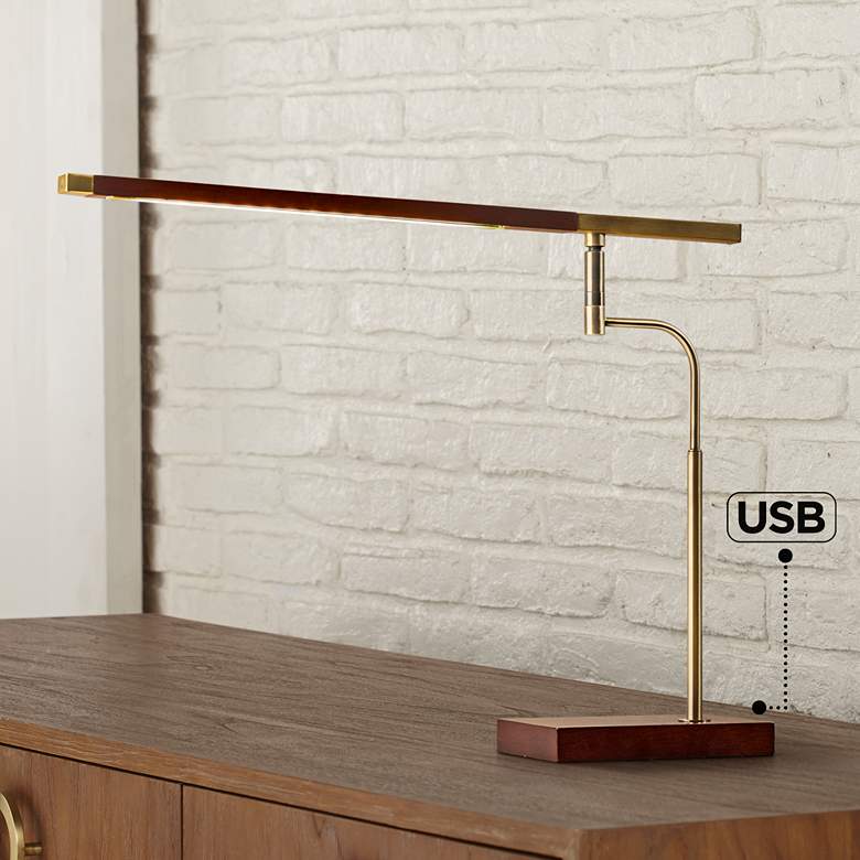 Image 1 Adesso Barrett Adjustable Height Walnut and Brass Modern LED USB Desk Lamp