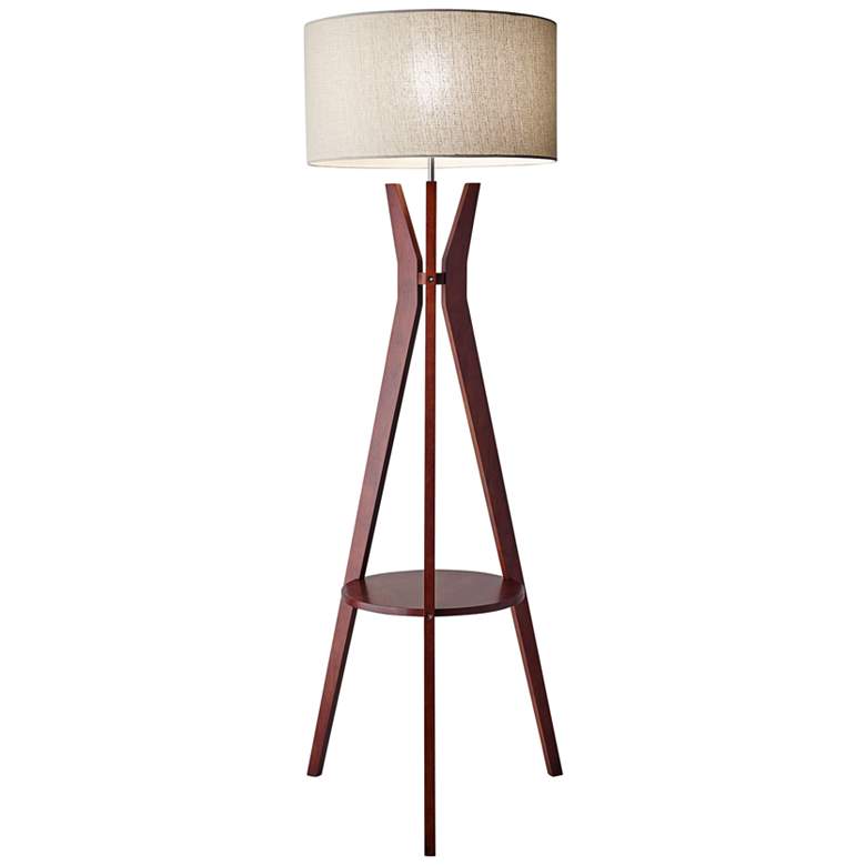 Image 2 Adesso Bedford Modern Walnut Wood Tripod Floor Lamp with Shelf