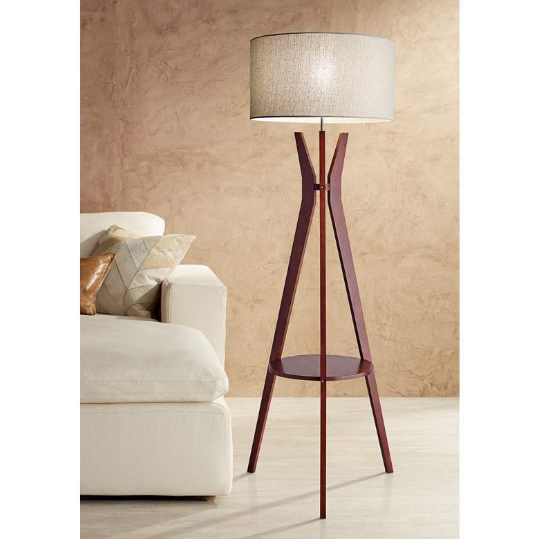 Image 1 Adesso Bedford Modern Walnut Wood Tripod Floor Lamp with Shelf