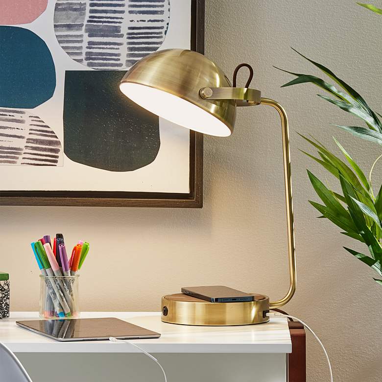 Image 1 Adesso Brooks 18" High Antique Brass Desk Lamp with USB and AC Outlet