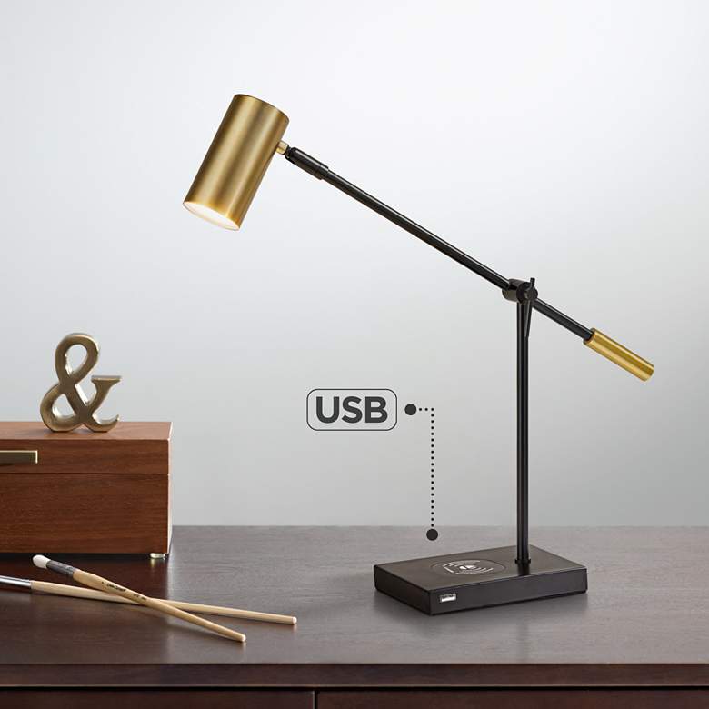 Image 1 Adesso Collette Adjustable Black and Brass USB and Charge Pad Desk Lamp