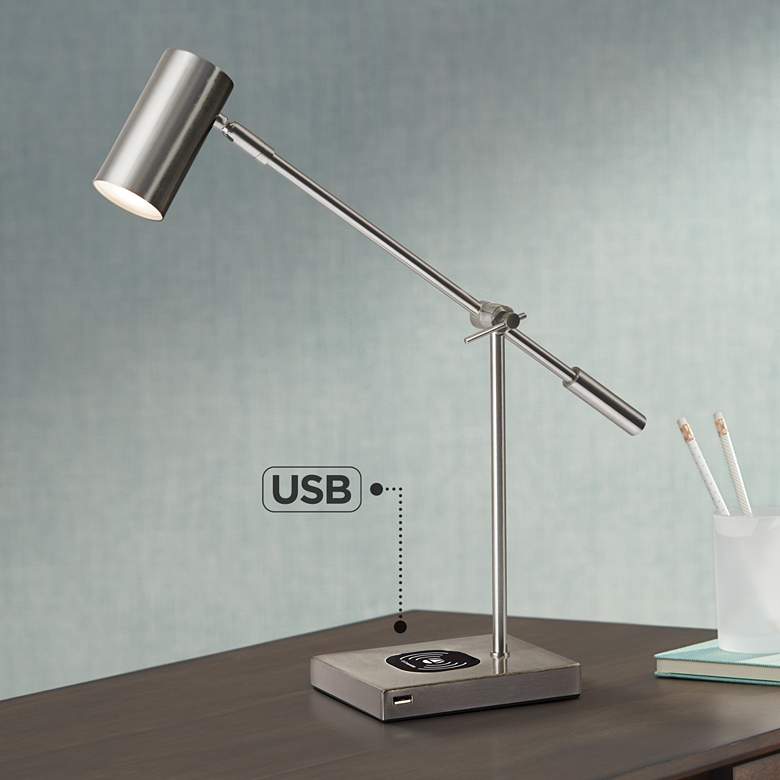 Image 1 Adesso Collette Brushed Steel LED Desk Lamp with Charging Pad and USB