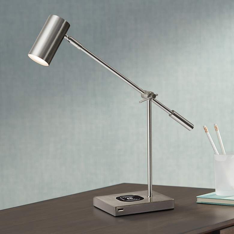 Image 1 Adesso Collette Brushed Steel LED Desk Lamp with Charging Pad and USB