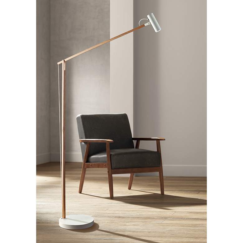 Image 1 Adesso Crane Adjustable Height White and Natural Wood Modern LED Floor Lamp