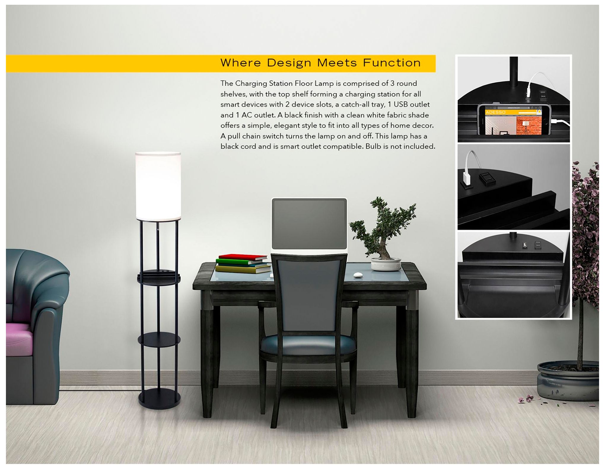 Image 2 Adesso Lighting 66 1/2" High Charging Station Shelf Floor Lamp more views