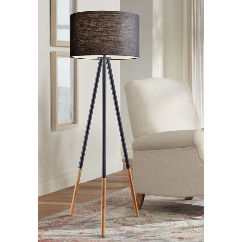 Image 1 Adesso Louise 60 1/4" Black and Rubber Wood Modern Tripod Floor Lamp