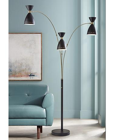 Adesso Oscar 82" High Black and Antique Brass 3-Arm Arc Floor Lamp