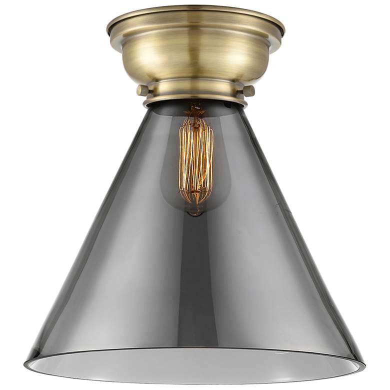 Image 1 Aditi Cone 12" Wide Antique Brass Flush Mount With Plated Smoke Shade