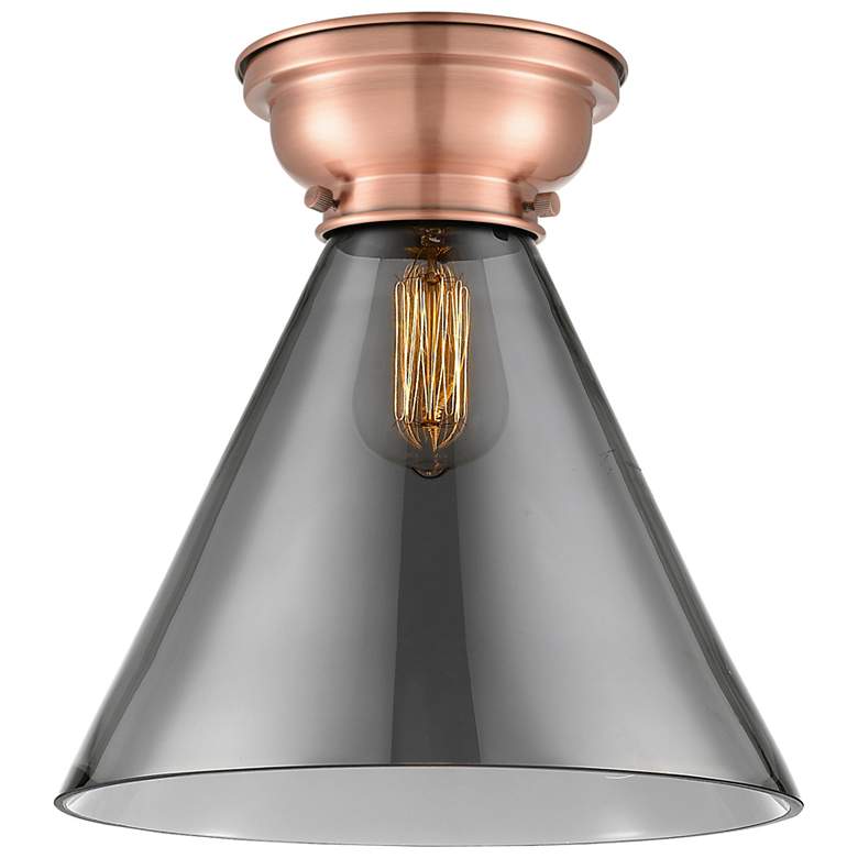 Image 1 Aditi Cone 12" Wide Antique Copper Flush Mount With Plated Smoke Shade