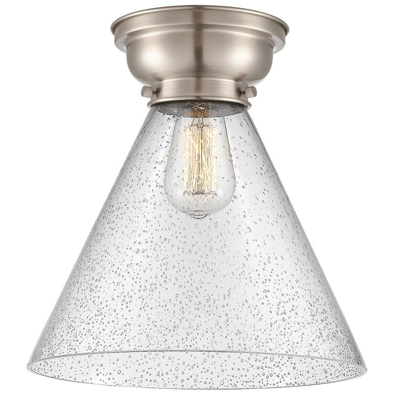 Image 1 Aditi Cone 12" Wide Brushed Satin Nickel Flush Mount With Seedy Shade