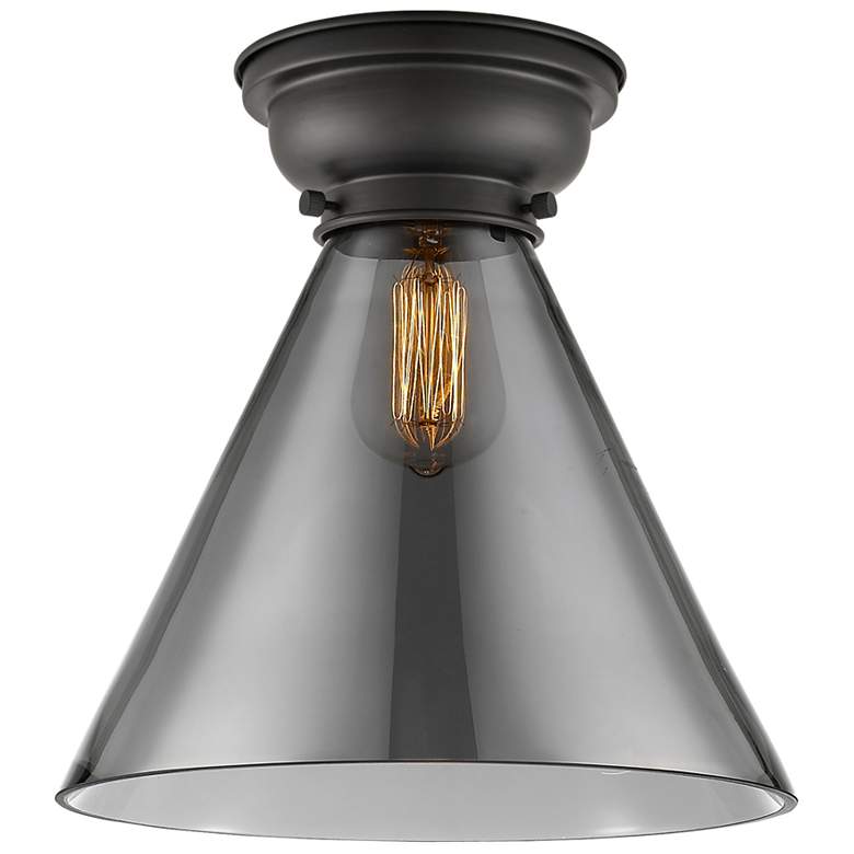 Image 1 Aditi Cone 12" Wide Matte Black Flush Mount With Plated Smoke Shade