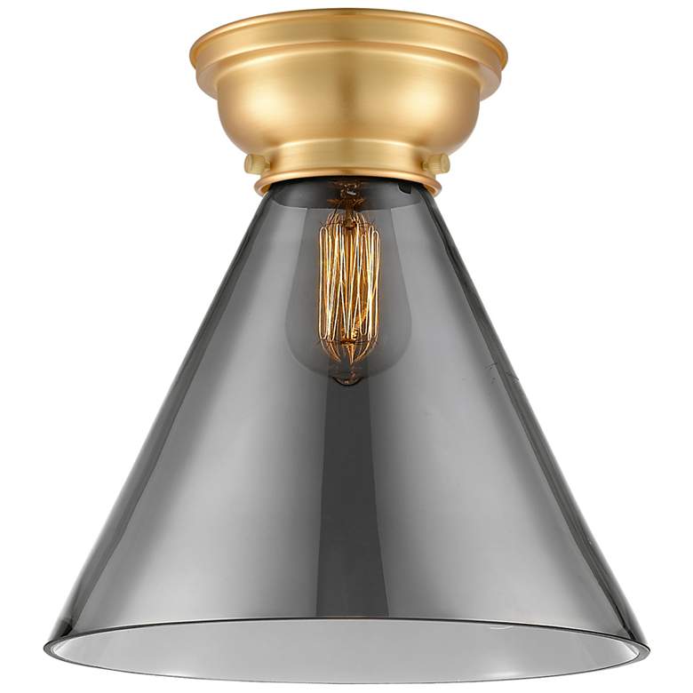 Image 1 Aditi Cone 12" Wide Satin Gold Flush Mount With Plated Smoke Shade