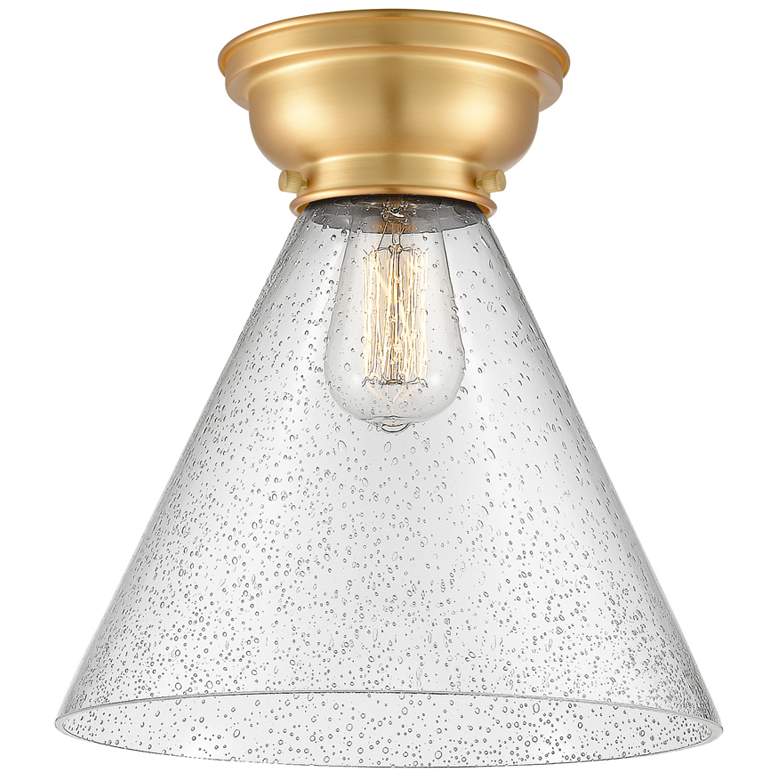 Image 1 Aditi Cone 12" Wide Satin Gold Flush Mount With Seedy Shade