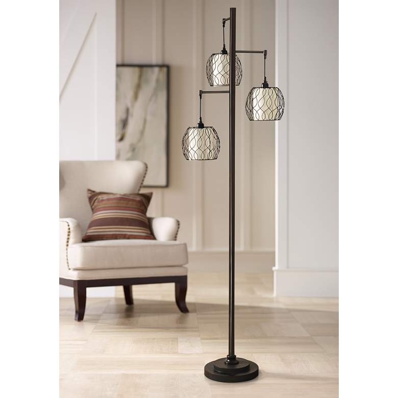 Image 1 Adona 72 inch High 3-Light Bronze Metal Cage Floor Lamp