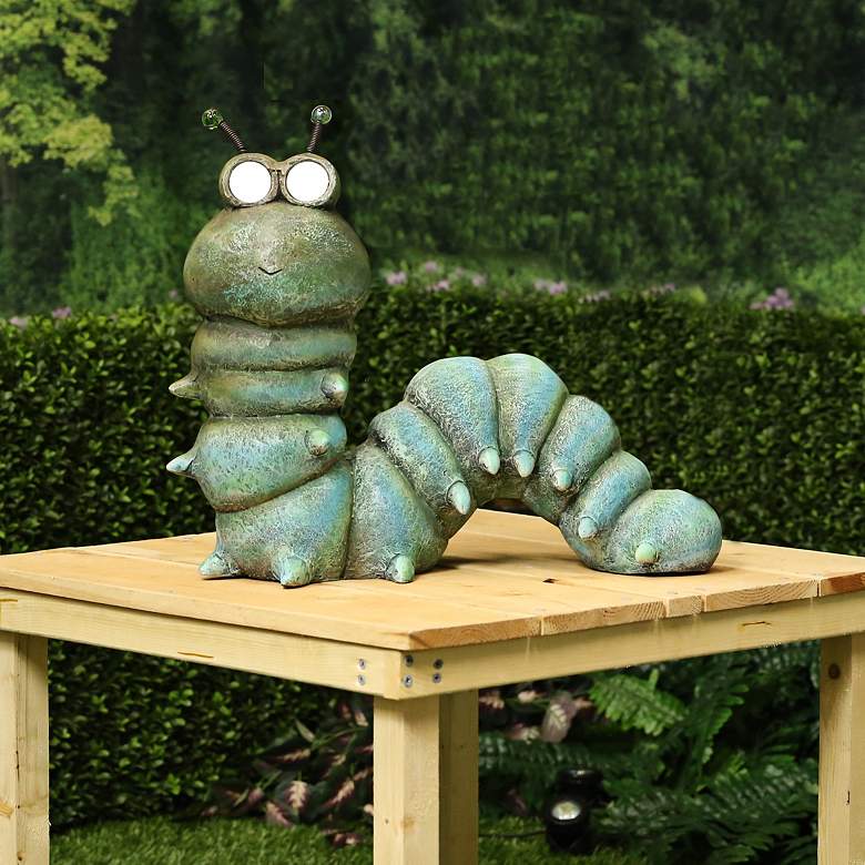 Image 1 Adorable Green Caterpillar 18" Wide Solar LED Garden Statue