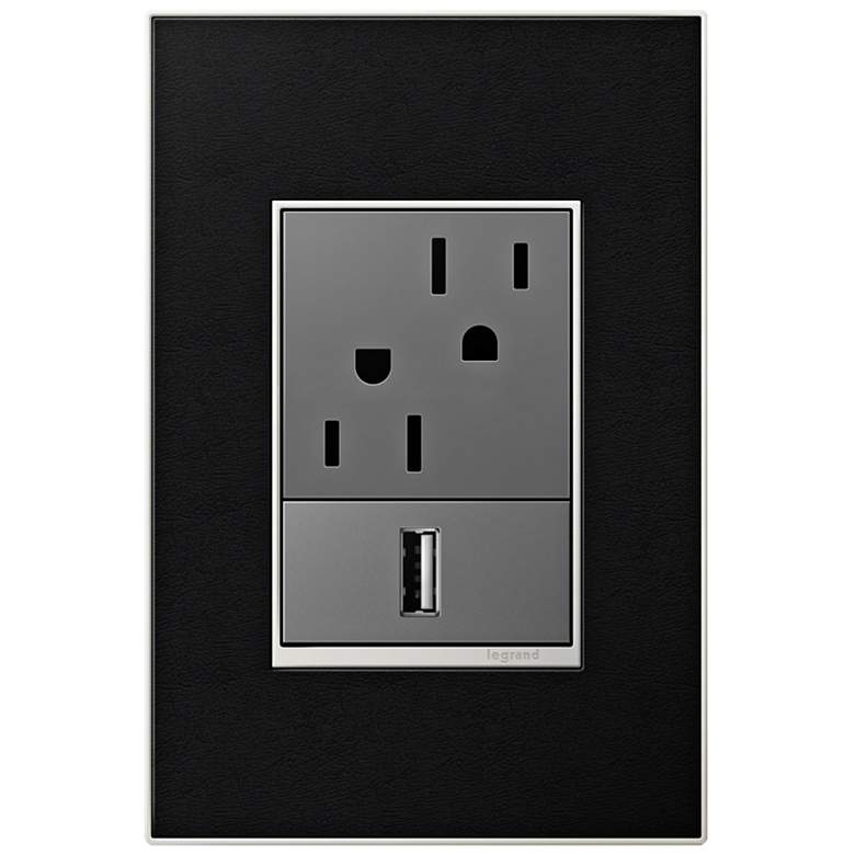 Image 1 adorne Black Leather 1-Gang+ Real Metal Wall Plate with Outlets