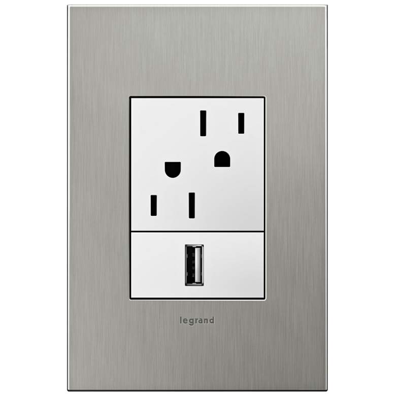 Image 1 adorne Brushed Stainless 1-Gang+ Real Metal Wall Plate w/ Outlets