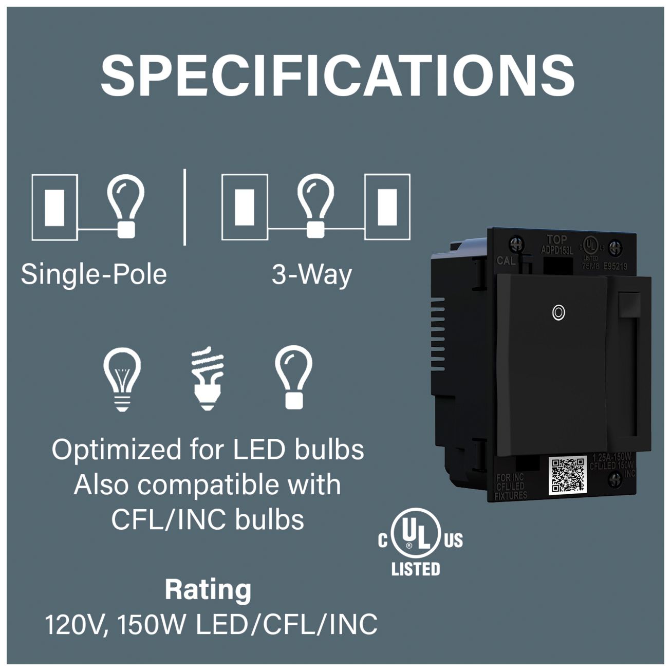Image 6 adorne® Graphite Paddle LED Dimmer w/ Brushed Stainless Wall Plate more views