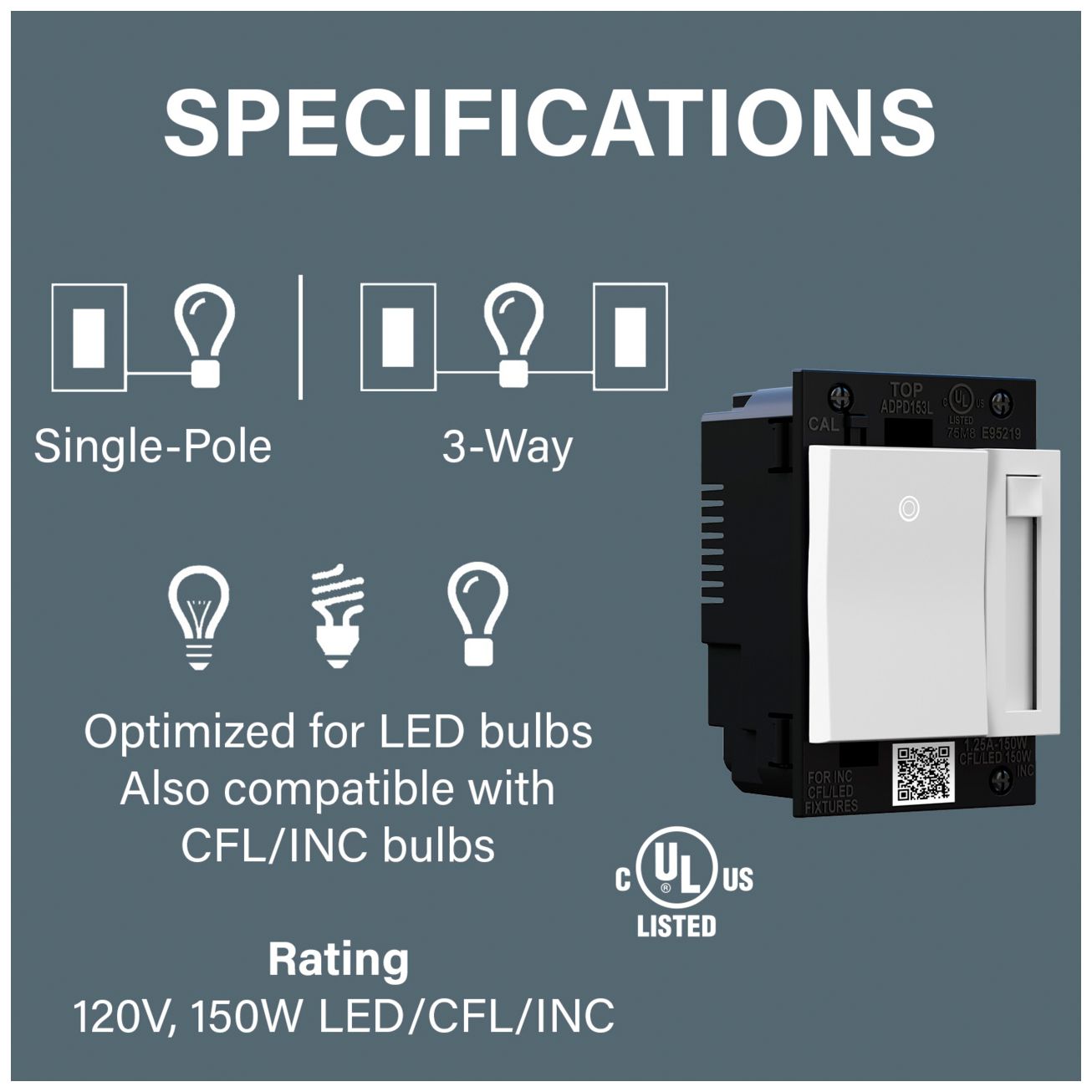 Image 6 adorne® White Paddle LED Dimmer with Brushed Stainless Wall Plate more views