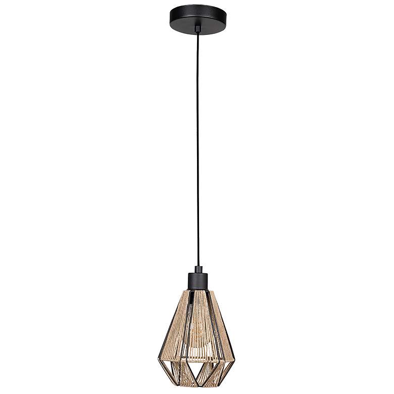 Image 1 Adwickle 6.7" Wide Black Mini Pendant With Natural Fabric Shade