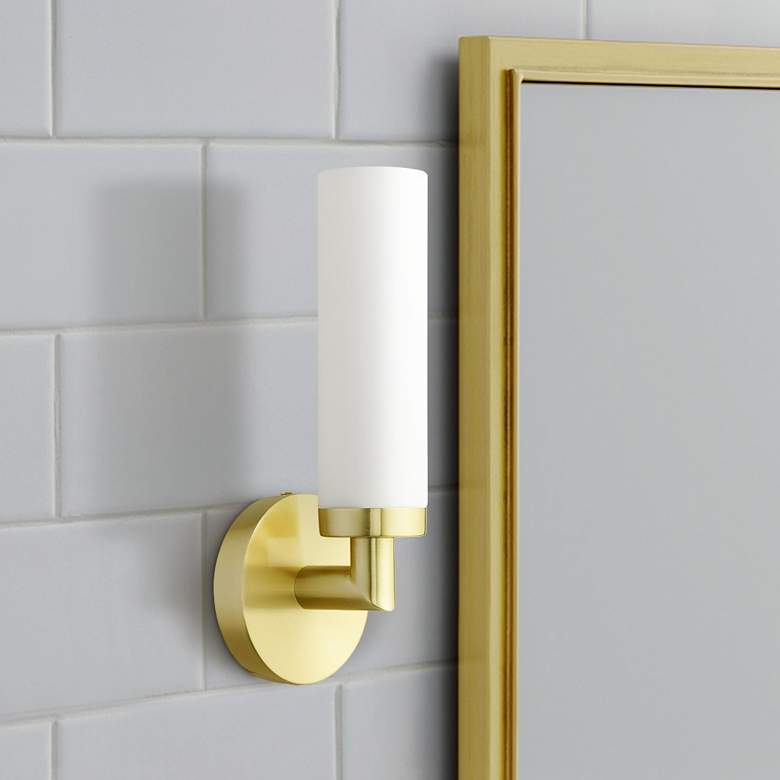 Image 1 Aero 11 inch High Satin Brass Metal and White Glass Wall Sconce
