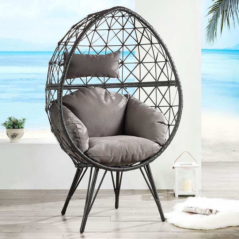 Aeven Light Gray Fabric and Black Wicker Teardrop Patio Chair