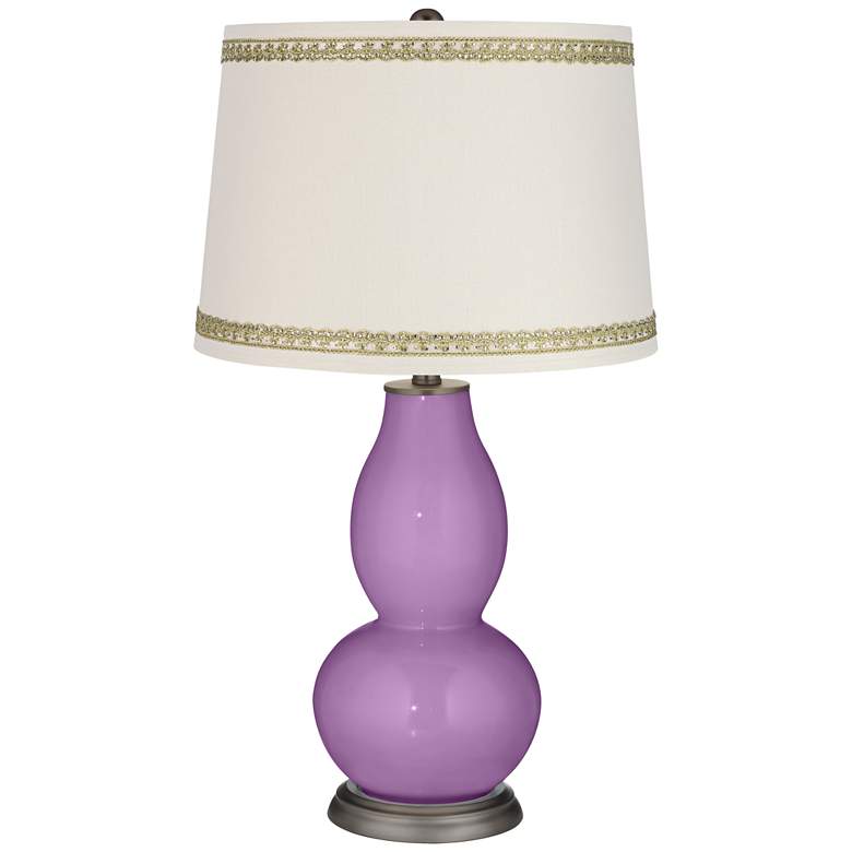 Image 1 African Violet Double Gourd Table Lamp with Rhinestone Lace Trim