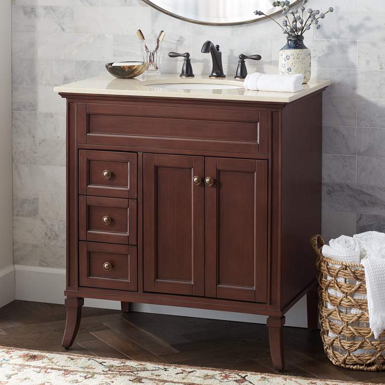 Image 1 Afton 32 inch Wide 3-Drawer Marble Top and Teak Wood Single Sink Vanity