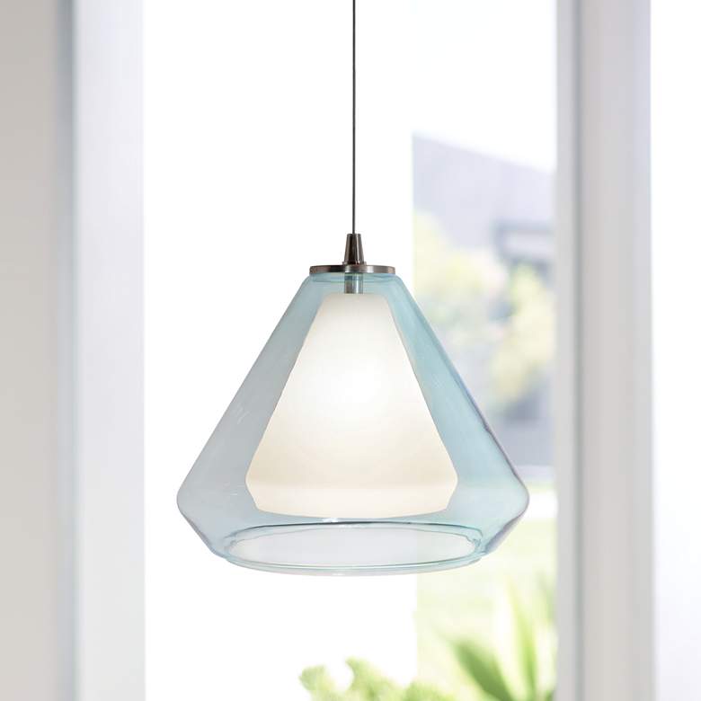 Image 1 AFX Armitage 10" Modern LED Nickel and Aqua Blue Glass Mini Pendant