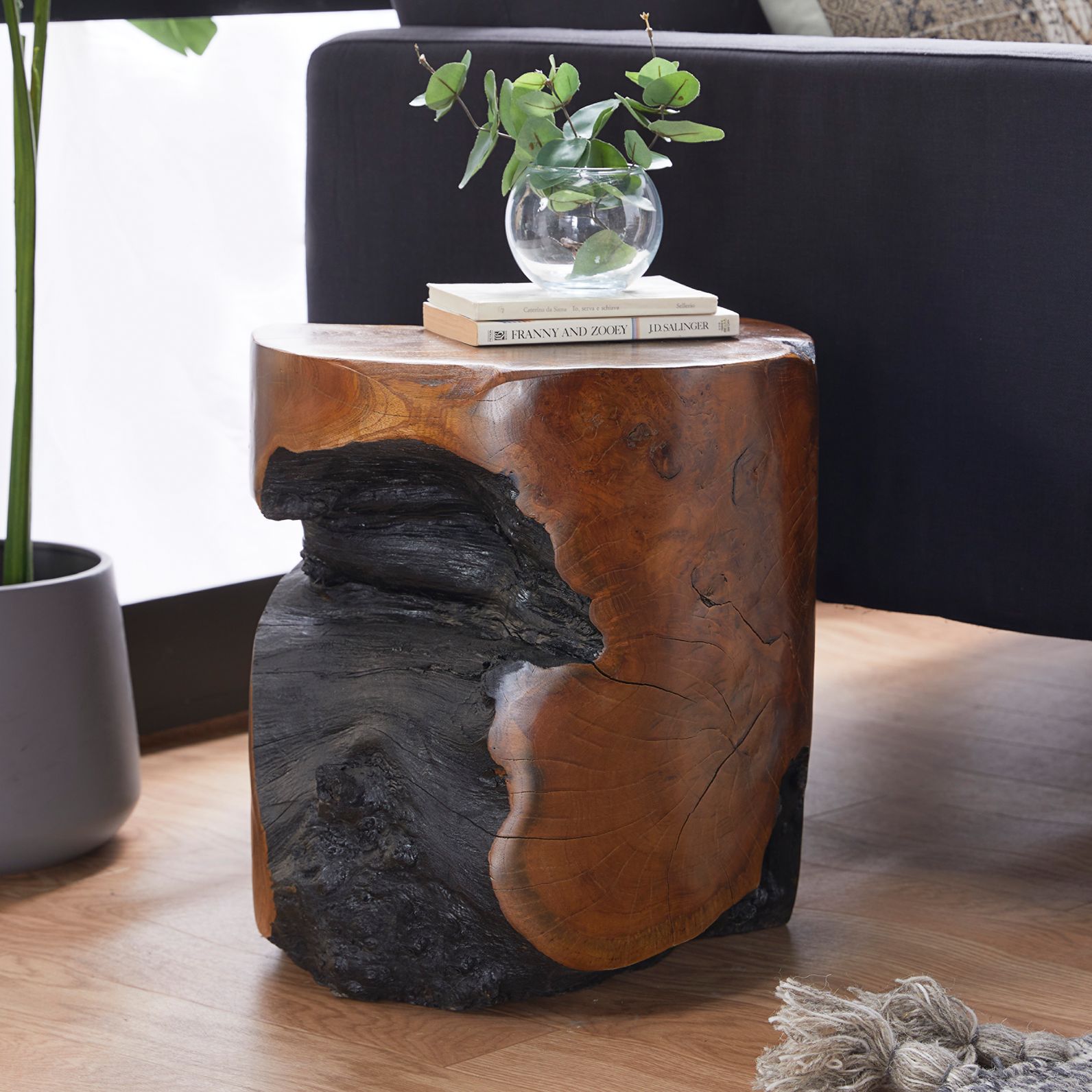 Black wood stump side table hotsell