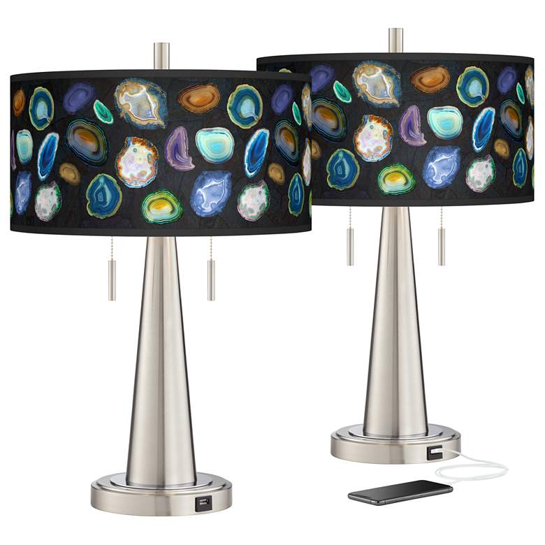Agates and Gems II Vicki Brushed Nickel USB Table Lamps Set of 2