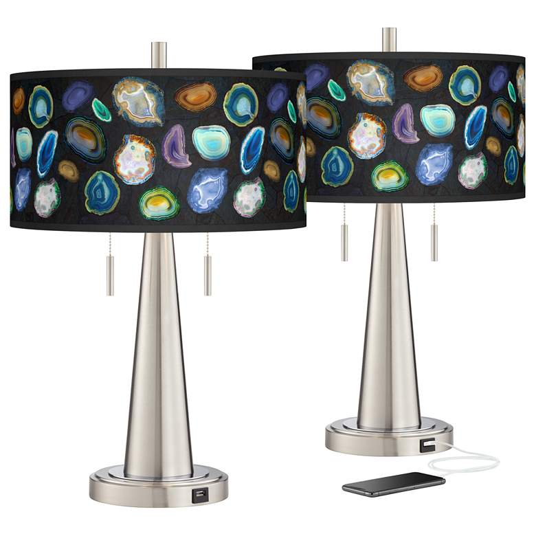 Image 1 Agates and Gems II Vicki Brushed Nickel USB Table Lamps Set of 2