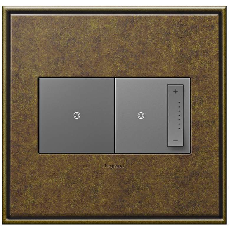 Image 1 Aged Brass 2-Gang Cast Metal Wall Plate with Switch and Dimmer