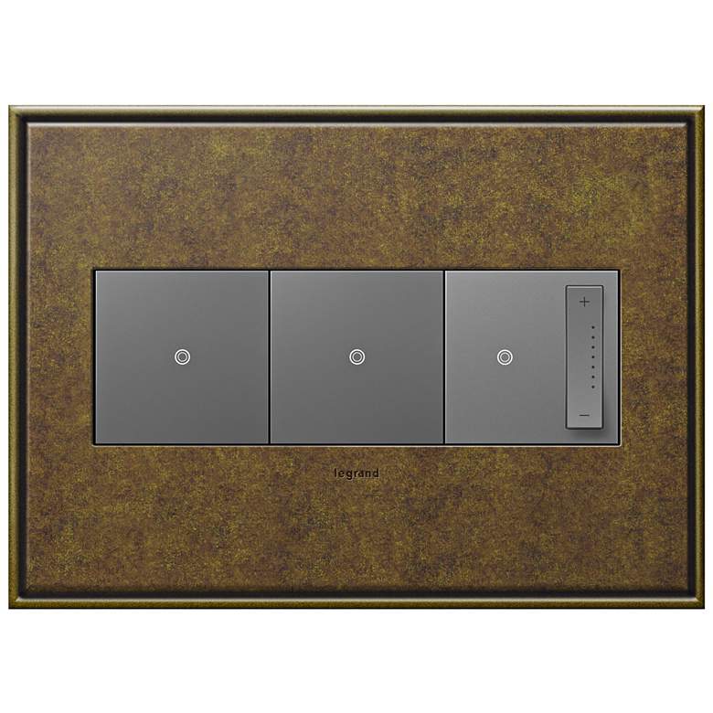 Image 1 Aged Brass 3-Gang Cast Metal Wall Plate w/ 2 Switches and Dimmer