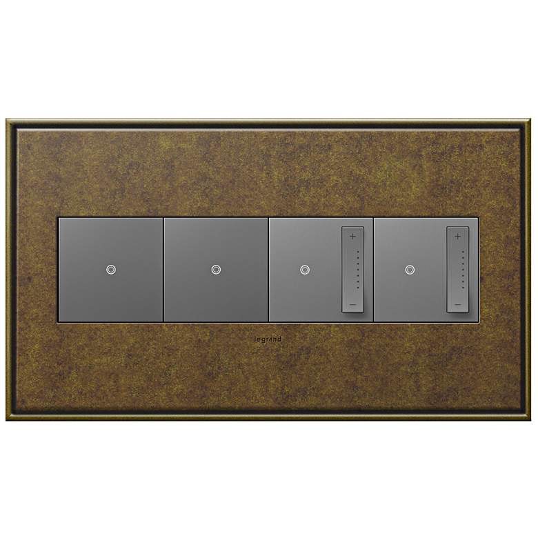 Image 1 Aged Brass 4-Gang Metal Wall Plate with 2 Switches and 2 Dimmers
