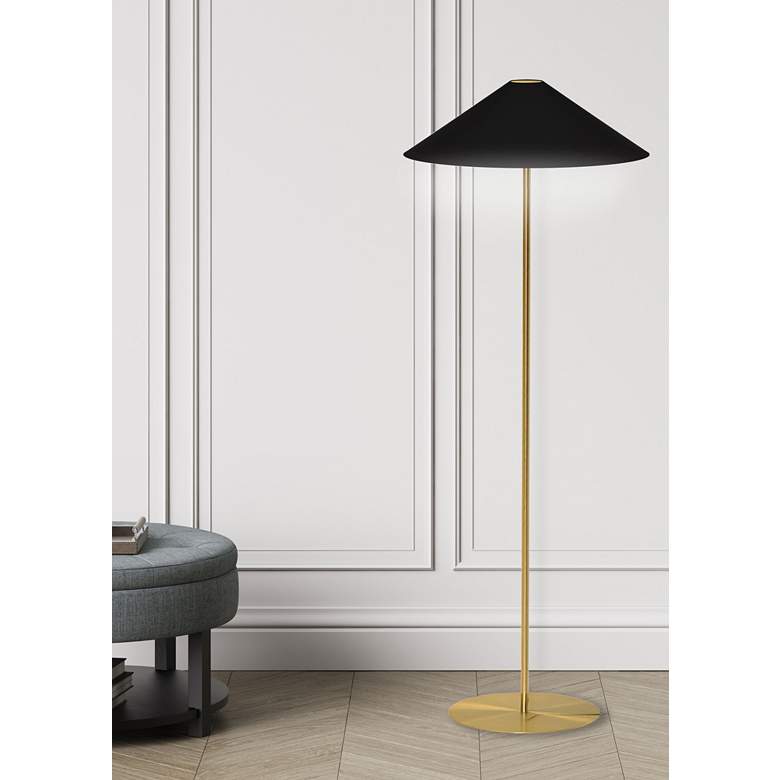 Image 1 Aged Brass Metal Modern Floor Lamp with Tapered Black Shade