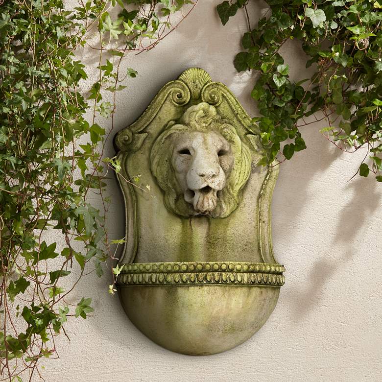 Image 1 Aged Lion 23 1/2 inch High White Moss Outdoor Wall Fountain