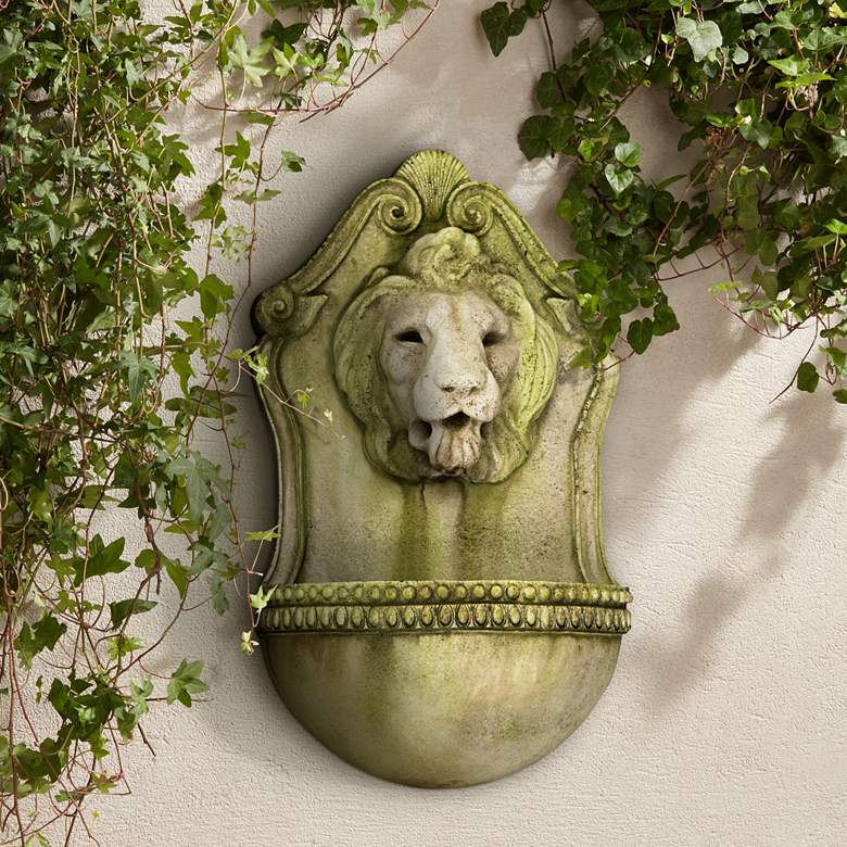 Image 1 Aged Lion 23 1/2" High White Moss Outdoor Wall Fountain