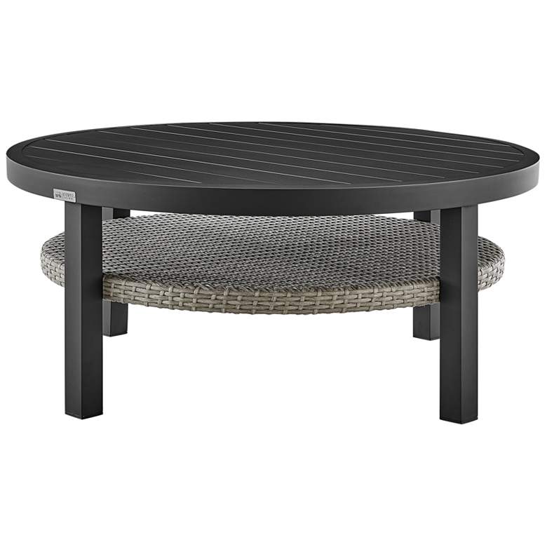 Image 1 Aileen Outdoor Patio Round Coffee Table in Black Aluminum with Wicker Shelf