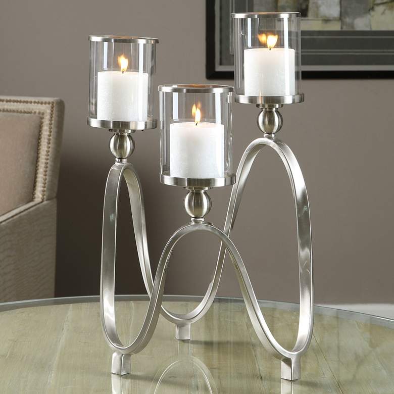 Image 1 Akiro 12 1/2" Wide Nickel Ribbon 3-Globe Glass Candle Holder