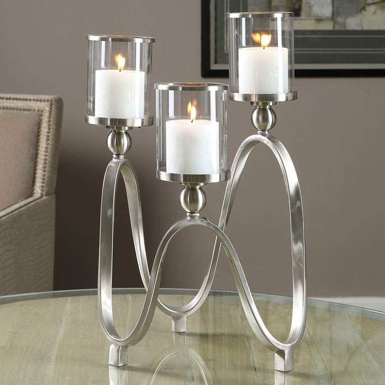 Image 1 Akiro 12 1/2 inch Wide Nickel Ribbon 3-Globe Glass Candle Holder