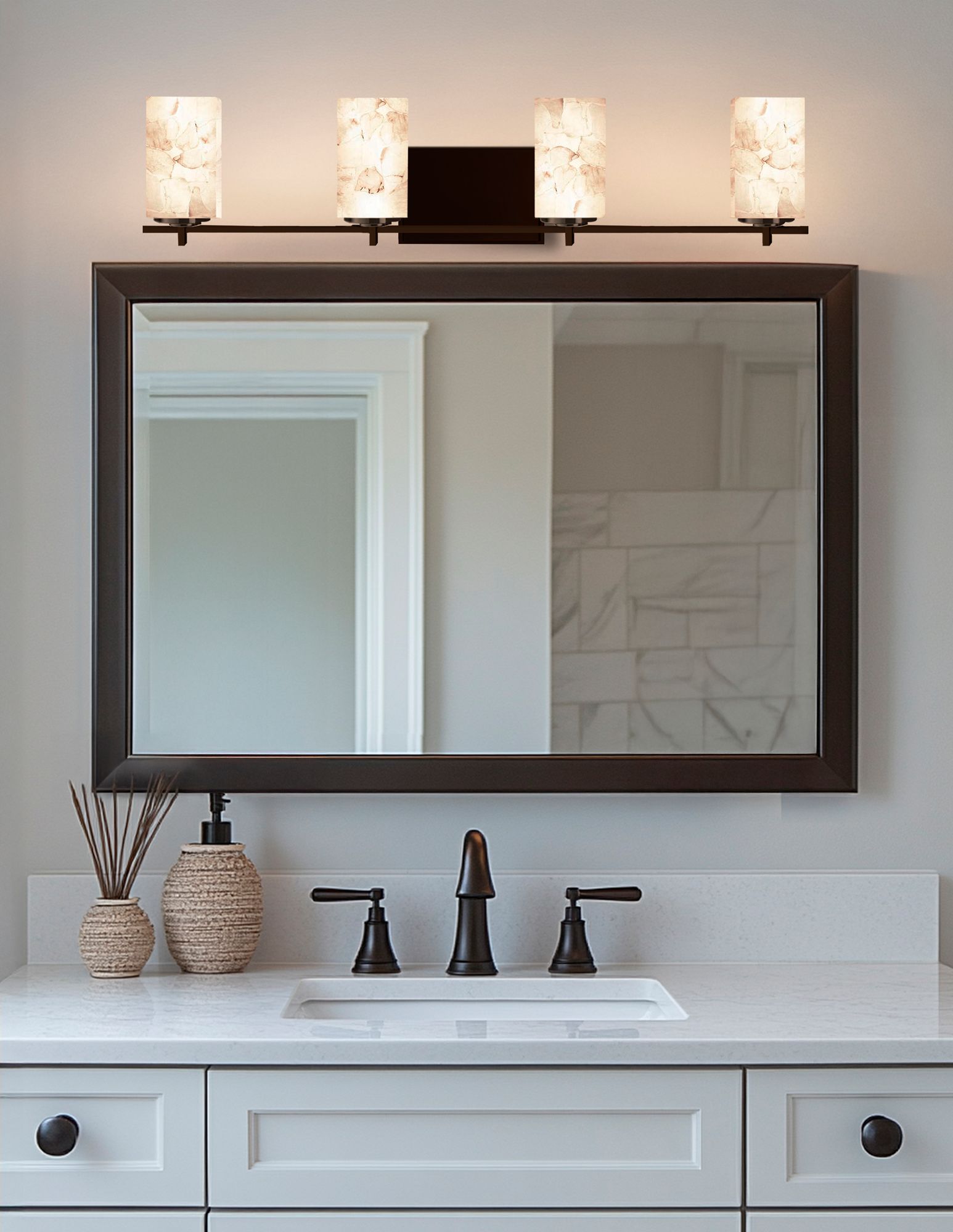 Image 3 Alabaster Rocks! - Era 4-Light Square Bath Bar - Flat Rim Shade - Bronze more views