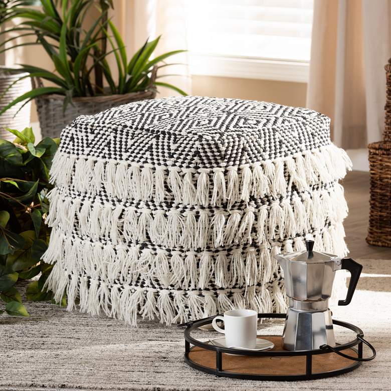 Image 1 Alain Black and Ivory Moroccan Inspired Tassel Pouf Ottoman